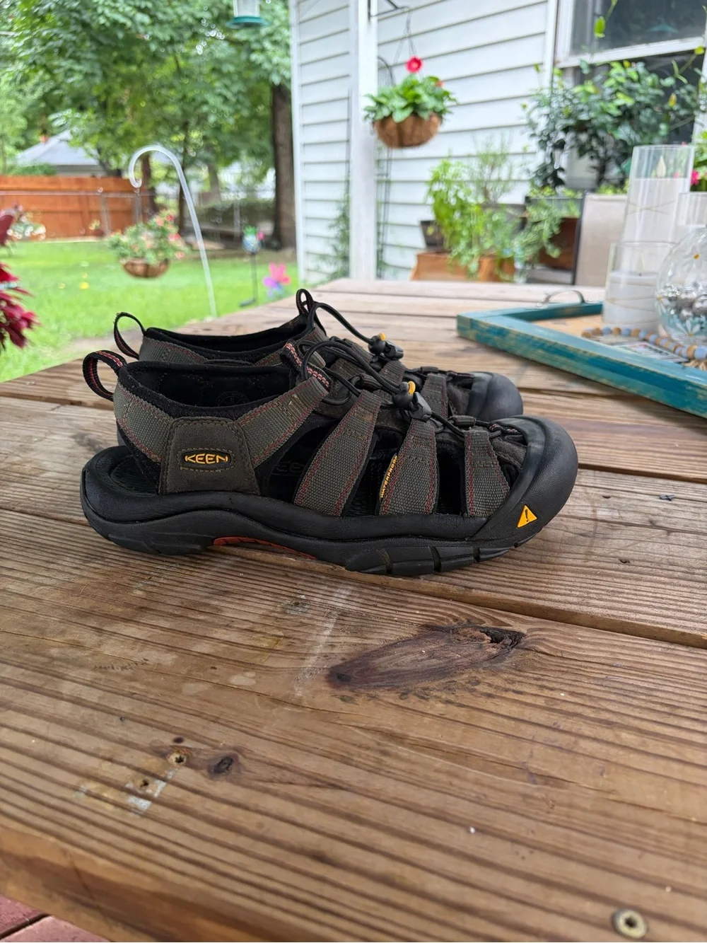 KEEN Men's Sandal in Olive Green and Black with Orange Accents